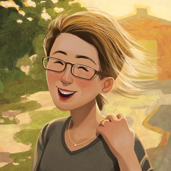 Illustrated portrait of Silvia Piccinotti, author of Magical and Unusual Solar Eclipse, smiling in the warm light of an eclipse day