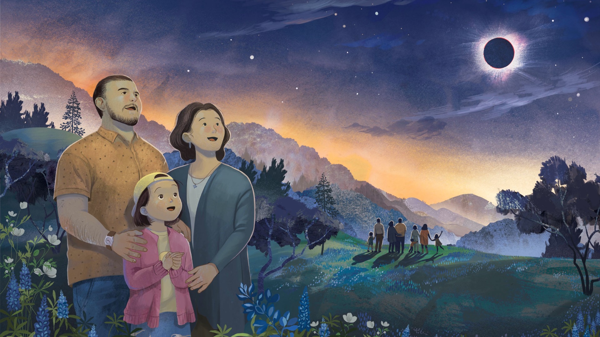 A family gazes up at a total solar eclipse — the corona visible in a star-filled twilight sky — illustration from Magical and Unusual Solar Eclipse by Silvia Piccinotti and Rồng Phạm