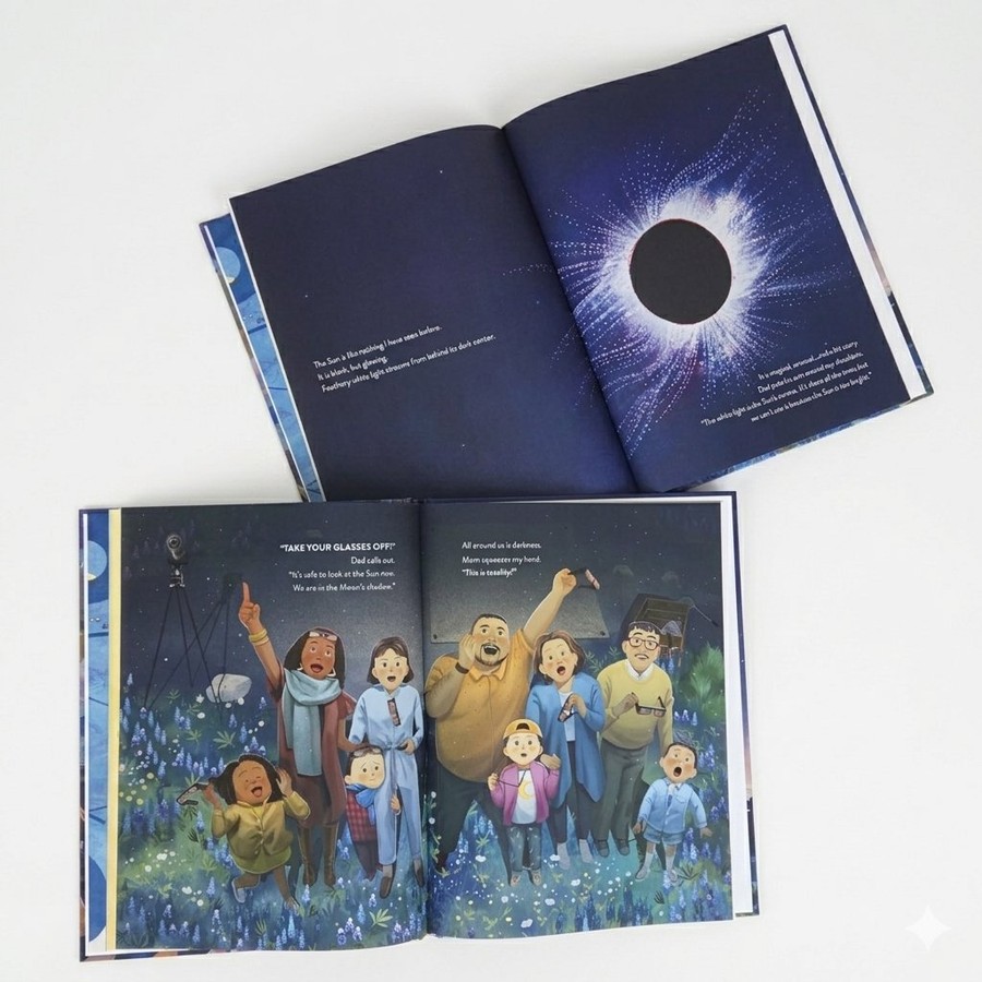Two open spreads of Magical and Unusual Solar Eclipse showing the corona illustration and the totality crowd scene