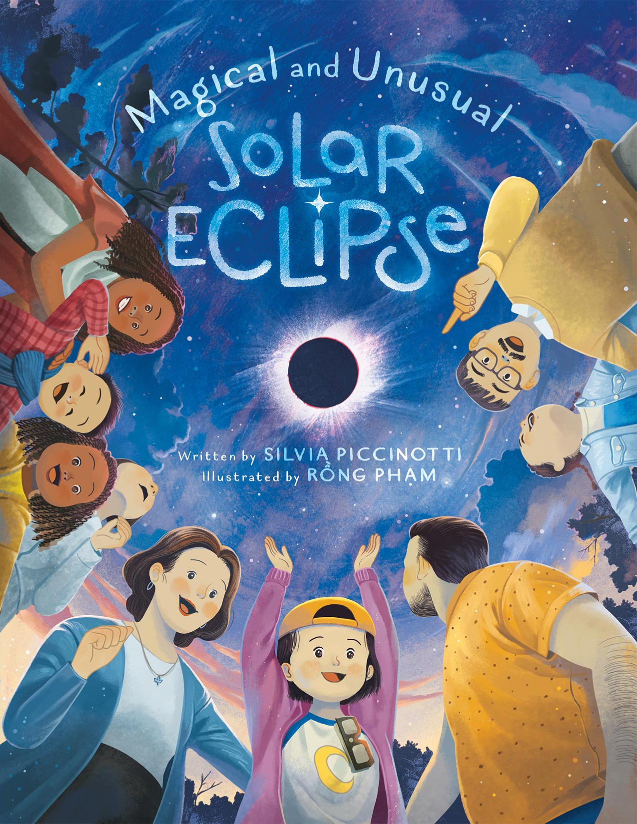 Cover of Magical and Unusual Solar Eclipse — a diverse group of children and adults look up in wonder at a total solar eclipse, illustrated by Rồng Phạm