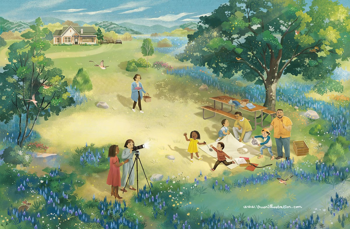 Illustration showing families preparing for eclipse day outdoors