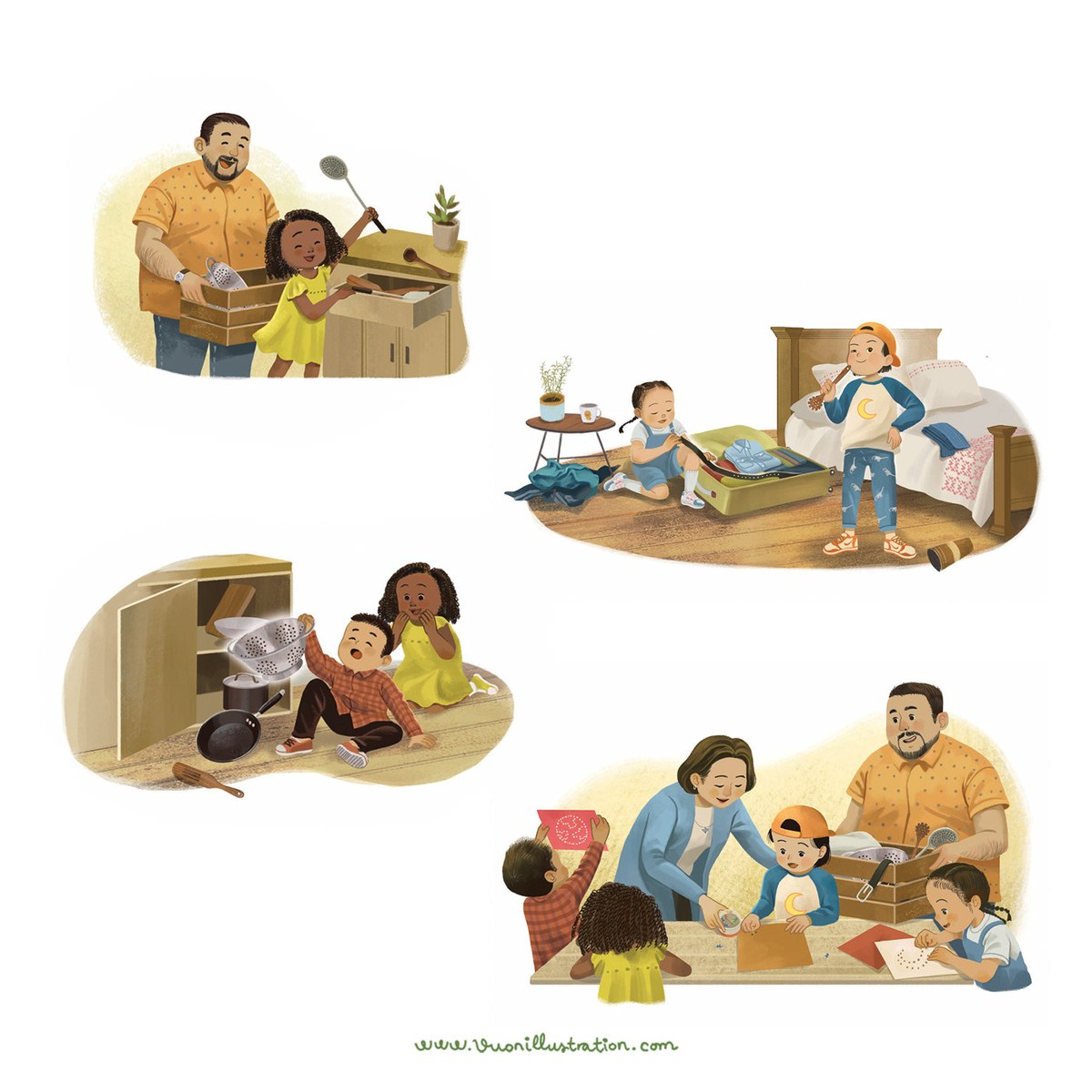 Illustration scenes showing children on a scavenger hunt finding pinhole projector items