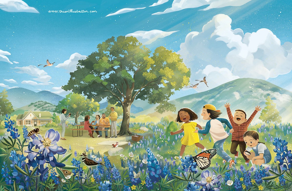 Illustration of children running joyfully through a bluebonnet field during eclipse day