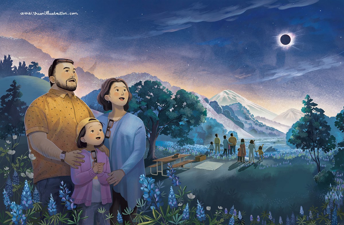 Illustration of a family watching totality with the solar corona visible above mountains and bluebonnets