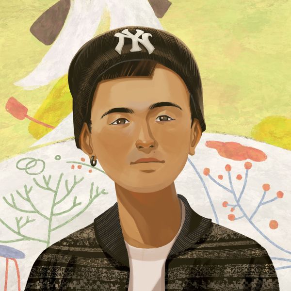 Illustrated portrait of Rồng Phạm, artist of Magical and Unusual Solar Eclipse, against a backdrop of his own artwork