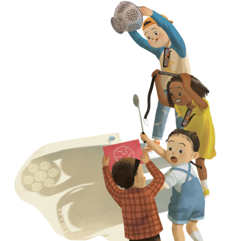 Children excitedly use household objects including a colander and strainer to make pinhole projectors, casting crescent shadows — illustration from Magical and Unusual Solar Eclipse