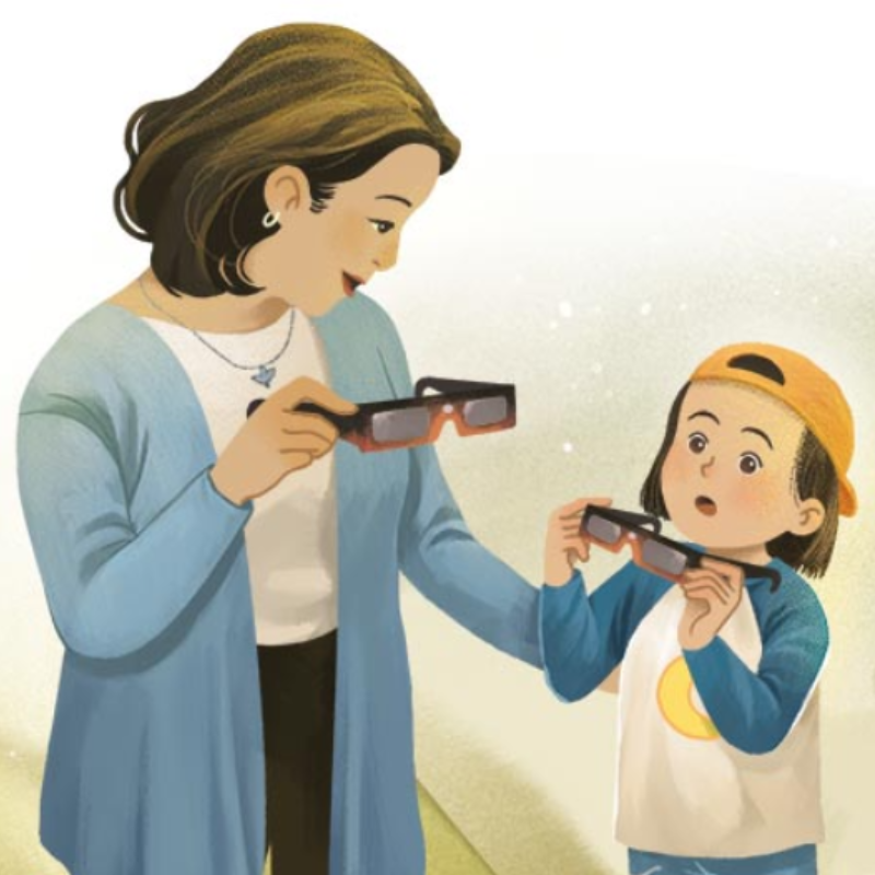 A mother helps her young child put on eclipse glasses to safely view the solar eclipse — illustration from Magical and Unusual Solar Eclipse