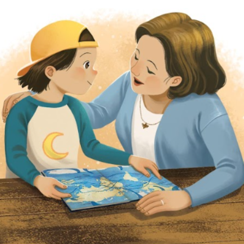 A mother and child look together at an eclipse map, planning their next eclipse adventure — illustration from Magical and Unusual Solar Eclipse